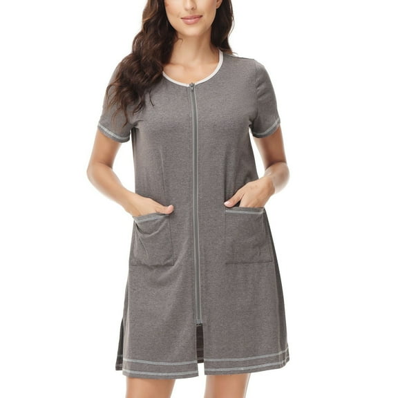 Defitshape Women's Short Sleeve Duster Robe Summer Sleepwear Short Full Zipper House Coat Comfy Soft Stretchy Lightweight Zip Up Housecoat w/ Pockets Dark Grey 10-12