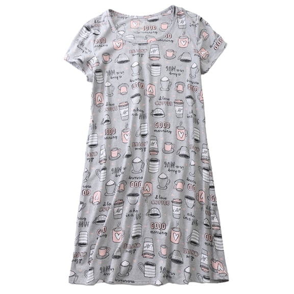 Defitshape Women's Short Sleeve Nightgown Cute Crew Neck Nightwear Sleepshirt Mini Sleep Lounge Dress Printed Patterned Sleepwear Cartoon Cotton Grey Cup Large