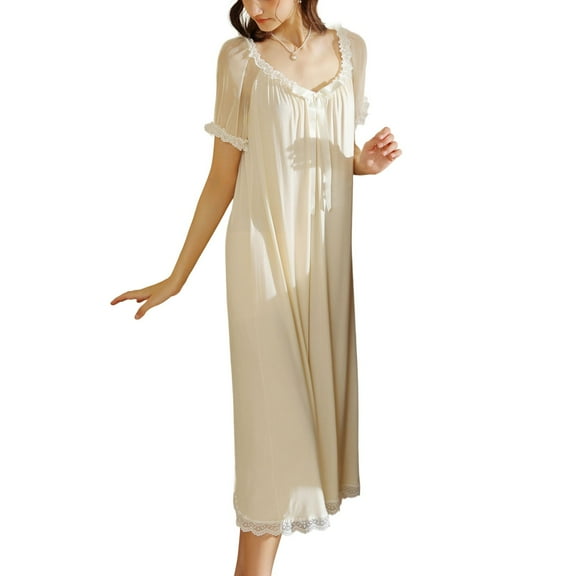 Defitshape Women's Short Sleeve Nightgown Victorian Nightgown Princess Pajamas Dress Lightweight Summer Soft Lace House Loungewear Yellow Small