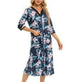 thumbnail image 1 of Defitshape Women's Short Sleeve Robe Boho Hippie Summer Full Zipper House Coat Knee Length V Neck Bathrobe Comfy Soft Stretchy Midi Zip Up Duster Robe w/ Pockets Navy 8, 1 of 4