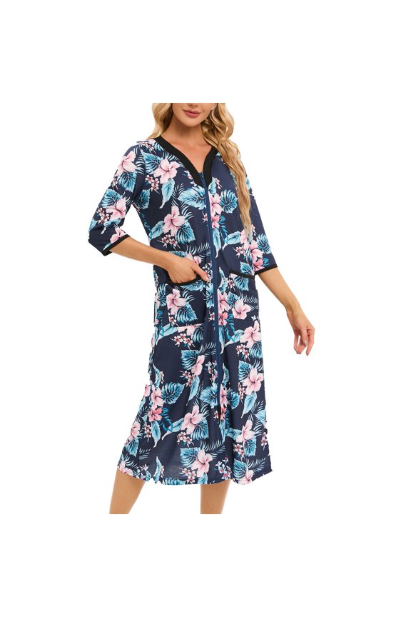 Women's Short Sleeve Robe Boho Hippie Summer Full Zipper House Coat Knee Length V Neck Bathrobe Comfy Soft Stretchy Midi Zip Up Duster Robe w/ Pockets Navy 8