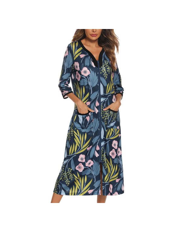 Women's Short Sleeve Robe Boho Hippie Summer Full Zipper House Coat Knee Length V Neck Bathrobe Comfy Soft Stretchy Midi Zip Up Duster Robe w/ Pockets Blue 14