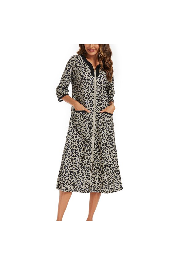 Women's Short Sleeve Robe Boho Hippie Summer Full Zipper House Coat Knee Length V Neck Bathrobe Comfy Soft Stretchy Midi Zip Up Duster Robe w/ Pockets Leopard 16-18