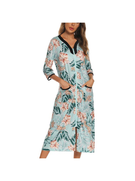 Women's Short Sleeve Robe Boho Hippie Summer Full Zipper House Coat Knee Length V Neck Bathrobe Comfy Soft Stretchy Midi Zip Up Duster Robe w/ Pockets Army Green 8