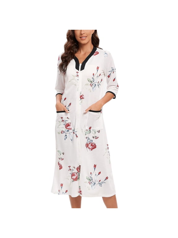 Women's Short Sleeve Robe Boho Hippie Summer Full Zipper House Coat Knee Length V Neck Bathrobe Comfy Soft Stretchy Midi Zip Up Duster Robe w/ Pockets White 4-6