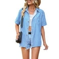 thumbnail image 1 of Defitshape Women's Short Sleeve Top Soft Loose Fit Button Up Denim Shirt Summer Boyfriend Baggy Jean Blouse Light Blue Large, 1 of 4
