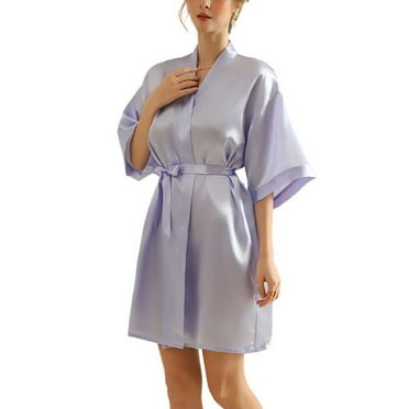 Defitshape Women's Short Sleeves Bath Robe Billowy Satin Bathrobe Belt Elegant Comfy Breathable Elbow Sleeve Loungewear violet X-Small