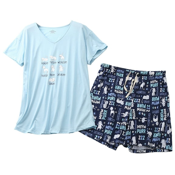Defitshape Women's Shorts Pajama Set Short Sleeve Shirt 2 Piece Pj Sleepwear Cotton Blend Soft V Neck Printed Loungewear Elastic Waist Cute Drawstring Patterned1 Medium