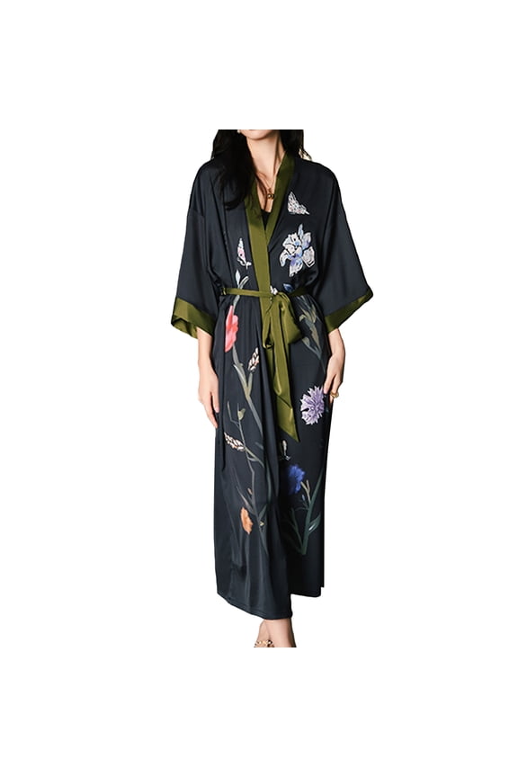 Women's Silk Japanese Robe Summer Floral Bathrobe Luxury Maternity Satin Sleepwear Long Kimono Robe Soft Loungewear Black One Size