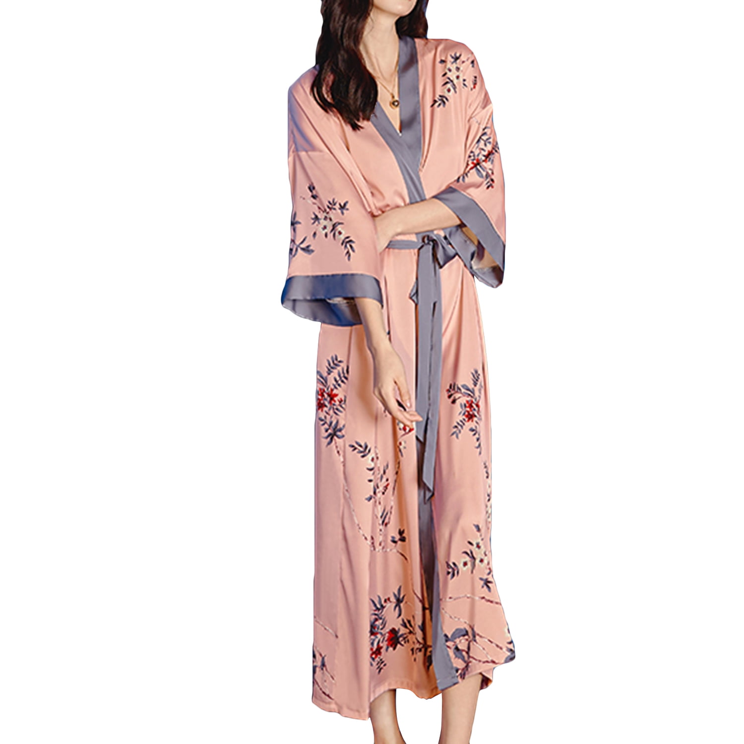 Defitshape Women's Silk Japanese Robe Summer Floral Bathrobe Luxury ...