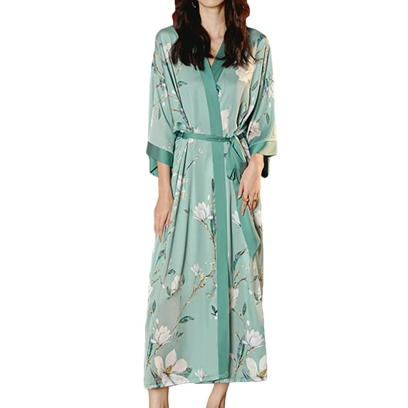 Defitshape Women's Silk Japanese Robe Summer Floral Bathrobe Luxury Maternity Satin Sleepwear Long Kimono Robe Soft Loungewear Light Green One Size