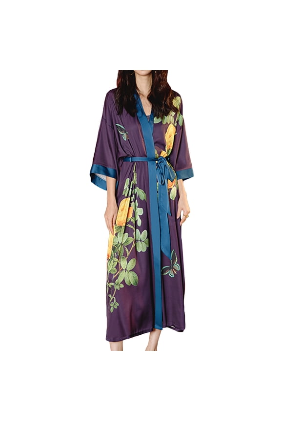 Women's Silk Japanese Robe Summer Floral Bathrobe Luxury Maternity Satin Sleepwear Long Kimono Robe Soft Loungewear Yellow Purple One Size