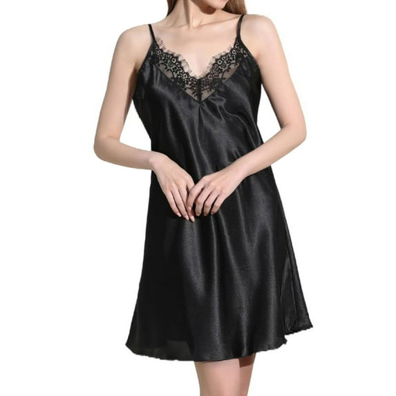 Defitshape Women's Silk Nightgown Summer Lace Short Pajama Dresses Satin Sleep Dress V Neck Spaghetti Strap Chemises Backless Sleepwear Sleeveless Nightie Sexy Lingerie Black Large