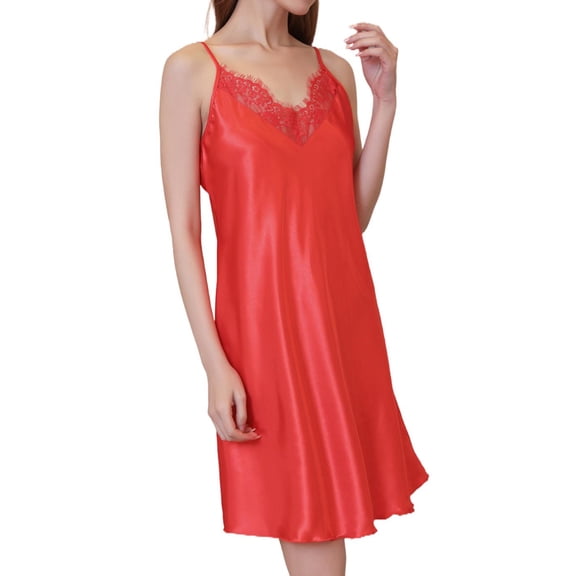 Defitshape Women's Silk Nightgown Summer Lace Short Pajama Dresses Satin Sleep Dress V Neck Spaghetti Strap Chemises Backless Sleepwear Sleeveless Nightie Sexy Lingerie Red Large