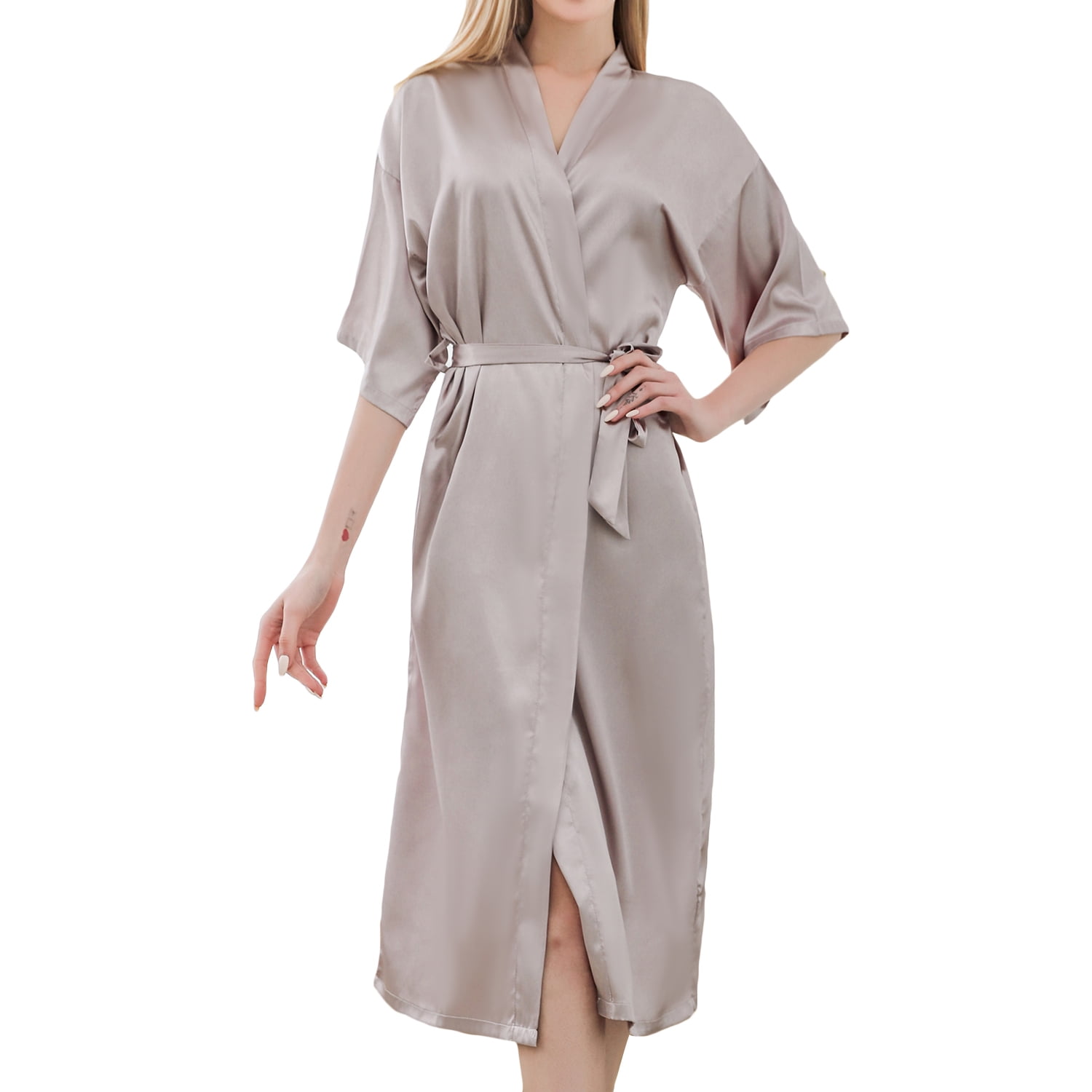 Defitshape Women's Silk Robe Lightweight Short Sleeve Knee Length Satin ...