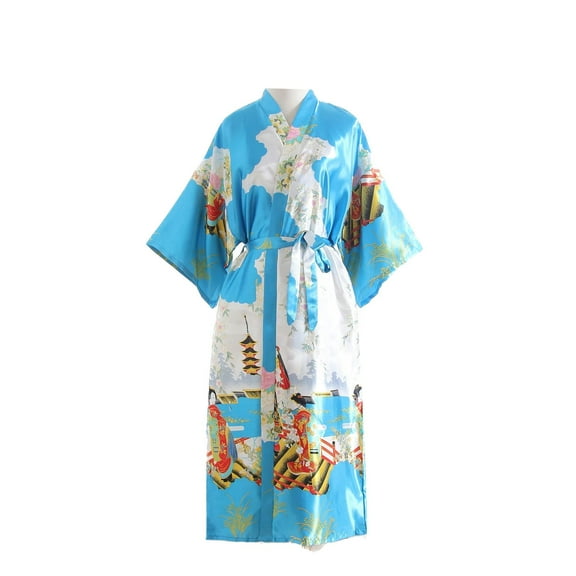 Defitshape Women's Silk Robe Soft Printed Summer Pjs Silky Thin Lightweight House Satin Bathrobe Belted Spring V Neck Cool Sleepwear Peacock Blue Small-X-Large