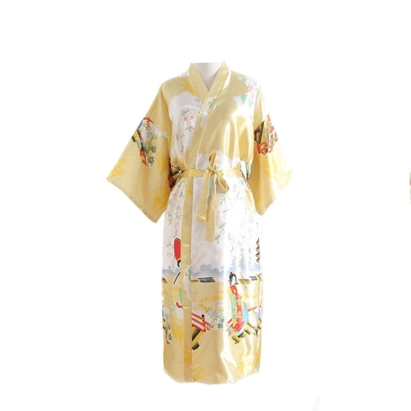 Defitshape Women's Silk Robe Soft Printed Summer Pjs Silky Thin Lightweight House Satin Bathrobe Belted Spring V Neck Cool Sleepwear Yellow Small-X-Large