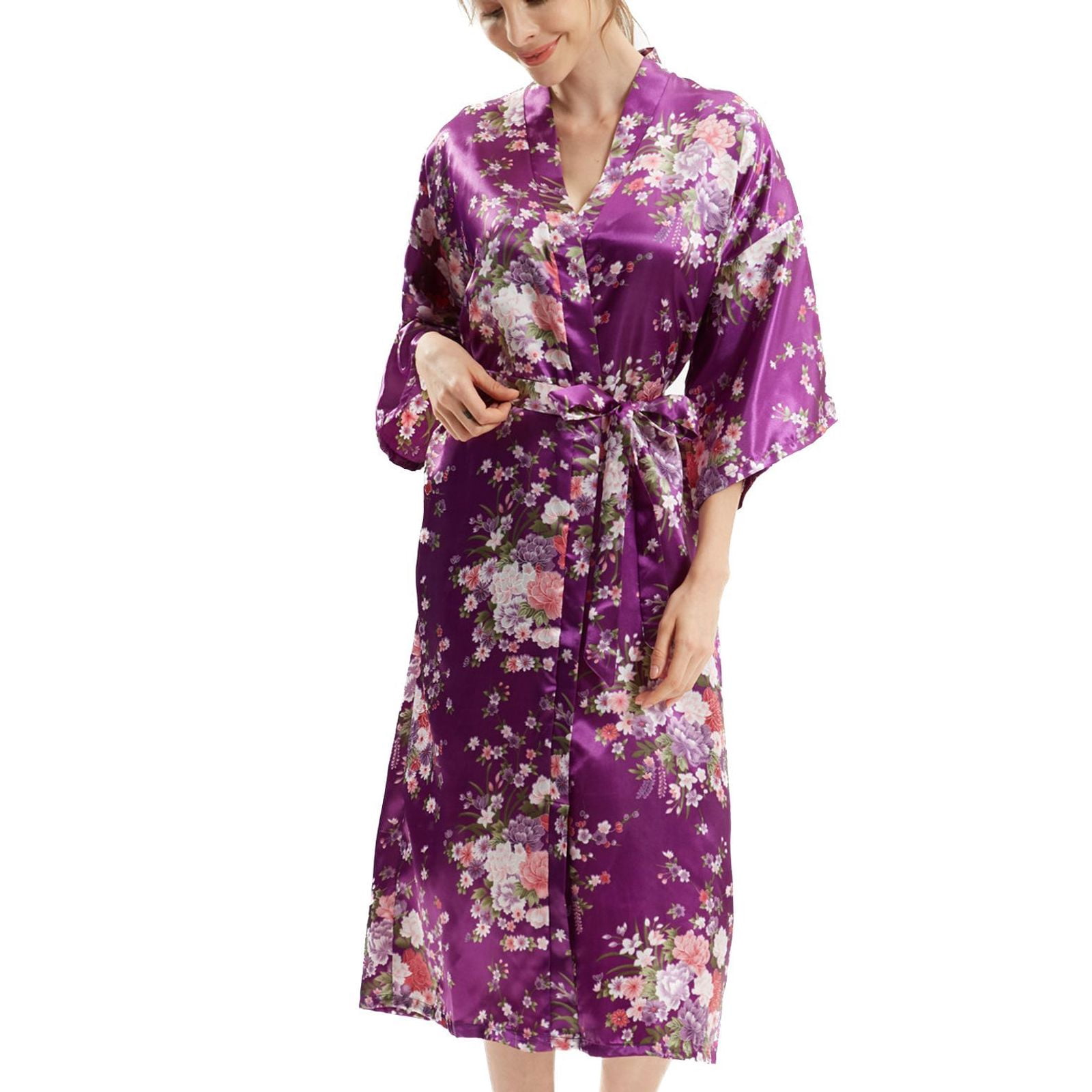 Defitshape Women's Silk Robe Soft Satin Kimono Robe Bride Floral ...