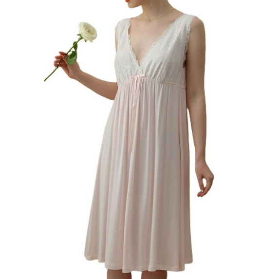Defitshape Women's Sleeveless Victorian Nightgown Summer Soft Lace Pj Vintage Princess Cotton Nighty Elastic High Waist Scalloped Deep V Neck Pleated Midi Pajama Dress Sleepwear Pink Medium