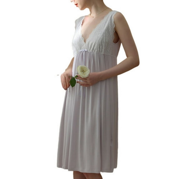 Defitshape Women's Sleeveless Victorian Nightgown Summer Soft Lace Pj Vintage Princess Cotton Nighty Elastic High Waist Scalloped Deep V Neck Pleated Midi Pajama Dress Sleepwear Purple Large