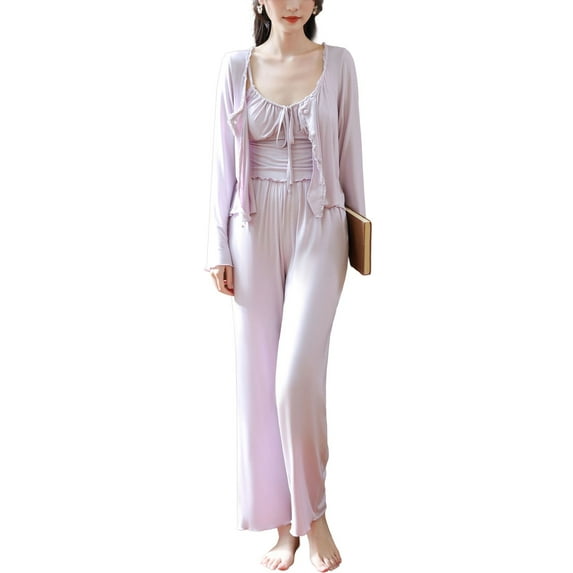 Defitshape Women's Soft 3 Piece Pajama Set Victorian Vintage Cami Cute Pant Button Pocket Flong Sleeve Vintage Modal Lounge Pj Set Light Purple Small