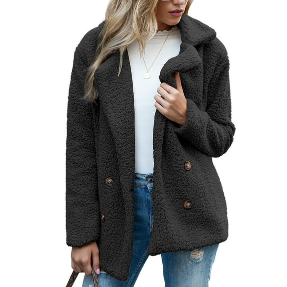 Defitshape Women's Soft Fluffy Blazer Jackets & Coats Lapel Collar Warm Thick Fuzzy Teddy Fleece Casual Double Breasted Jackets & Coats Black 20