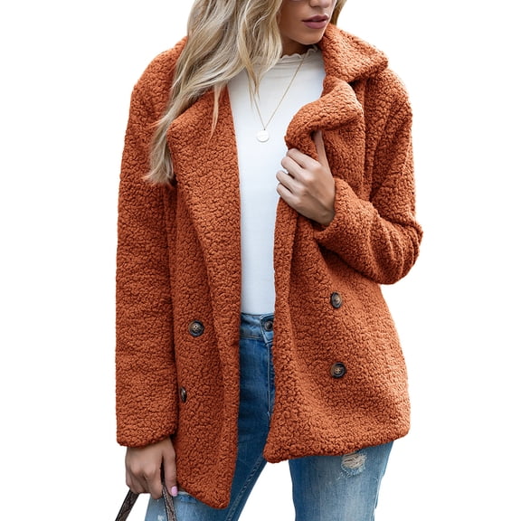 Defitshape Women's Soft Fluffy Blazer Jackets & Coats Lapel Collar Warm Thick Fuzzy Teddy Fleece Casual Double Breasted Jackets & Coats Brown 24