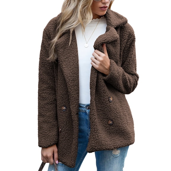 Defitshape Women's Soft Fluffy Blazer Jackets & Coats Lapel Collar Warm Thick Fuzzy Teddy Fleece Casual Double Breasted Jackets & Coats Coffee 20