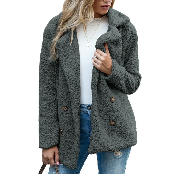 Defitshape Women's Soft Fluffy Blazer Jackets & Coats Lapel Collar Warm Thick Fuzzy Teddy Fleece Casual Double Breasted Jackets & Coats Dark Grey 16