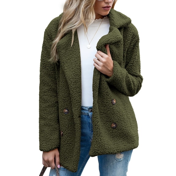 Defitshape Women's Soft Fluffy Blazer Jackets & Coats Lapel Collar Warm Thick Fuzzy Teddy Fleece Casual Double Breasted Jackets & Coats Green 18