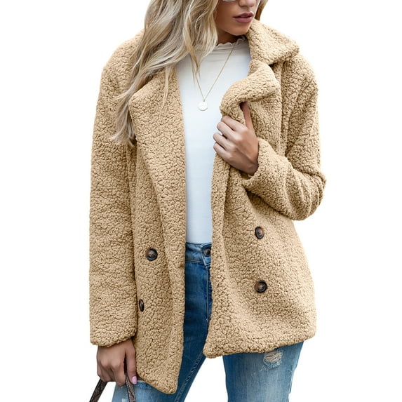 Defitshape Women's Soft Fluffy Blazer Jackets & Coats Lapel Collar Warm Thick Fuzzy Teddy Fleece Casual Double Breasted Jackets & Coats Khaki 4-6
