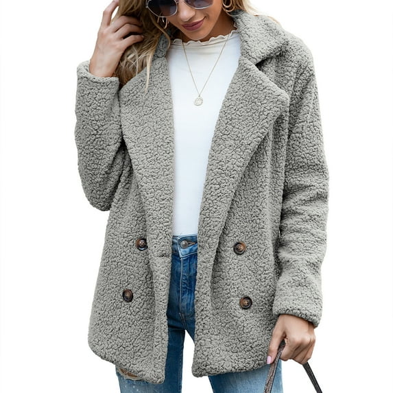 Defitshape Women's Soft Fluffy Blazer Jackets & Coats Lapel Collar Warm Thick Fuzzy Teddy Fleece Casual Double Breasted Jackets & Coats Light Grey 12-14