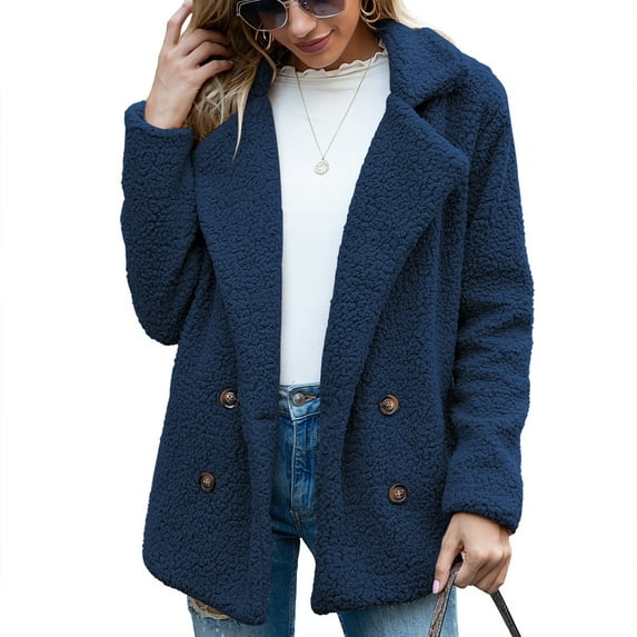 Defitshape Women's Soft Fluffy Blazer Jackets & Coats Lapel Collar Warm Thick Fuzzy Teddy Fleece Casual Double Breasted Jackets & Coats Navy 24
