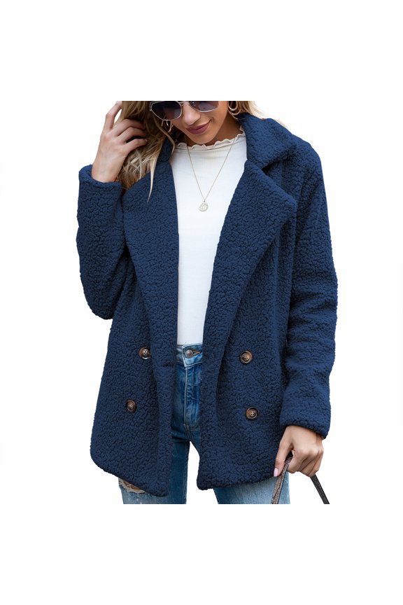 Women's Soft Fluffy Blazer Jackets & Coats Lapel Collar Warm Thick Fuzzy Teddy Fleece Casual Double Breasted Jackets & Coats Navy 4-6