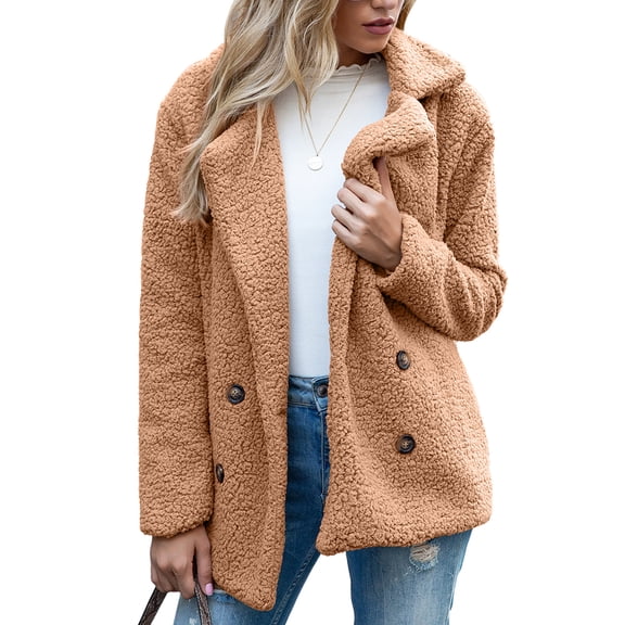 Defitshape Women's Soft Fluffy Blazer Jackets & Coats Lapel Collar Warm Thick Fuzzy Teddy Fleece Casual Double Breasted Jackets & Coats Umber 18