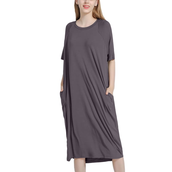 Defitshape Women's Soft Nightgown Long Summer Fitted Maternity Sleep Dress Short Sleeve Stretchy Pockets Mid-length Grey One Size