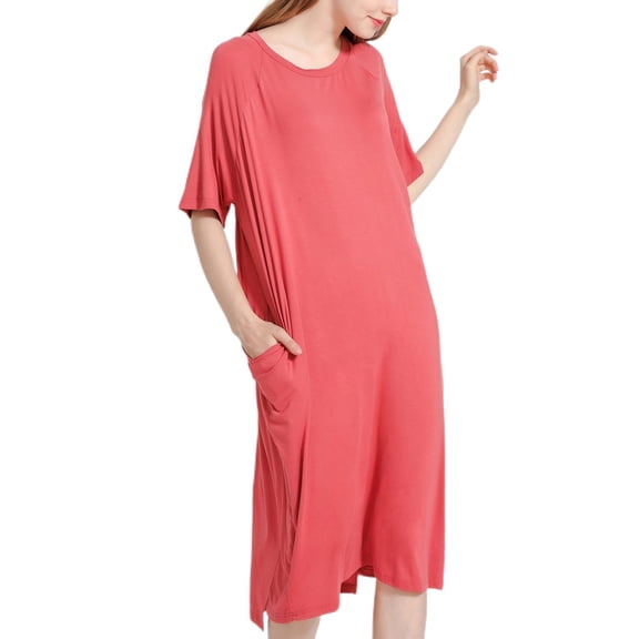 Defitshape Women's Soft Nightgown Long Summer Fitted Maternity Sleep Dress Short Sleeve Stretchy Pockets Mid-length Red One Size