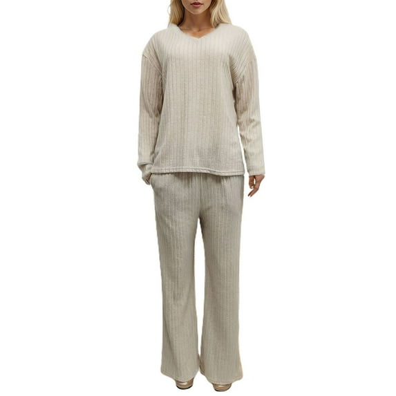 Defitshape Women's Soft Pajama Set Fall 2 Piece Warm High Waisted Winter V Neck Knit Long Sleeve Western Pant Apricot Large