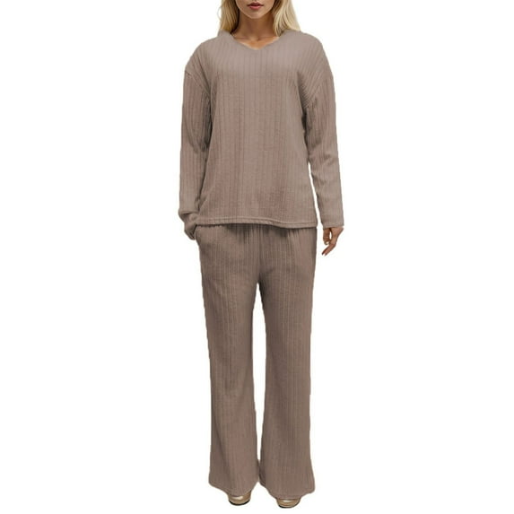 Defitshape Women's Soft Pajama Set Fall 2 Piece Warm High Waisted Winter V Neck Knit Long Sleeve Western Pant Dark Khaki Large