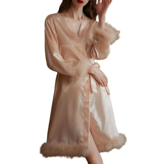 Defitshape Women's Soft Robe Satin Robe Silk Bathrobe Luxury Bridal Feather Silky Summer Cool Short Lightweight House Thin Pjs Bride champagne Small
