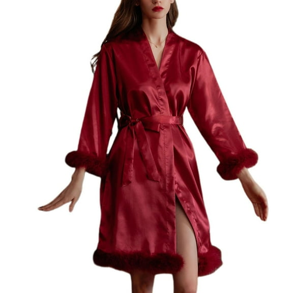 Defitshape Women's Soft Robe Satin Robe Silk Bathrobe Luxury Bridal Feather Silky Summer Cool Short Lightweight House Thin Pjs Red X-Small
