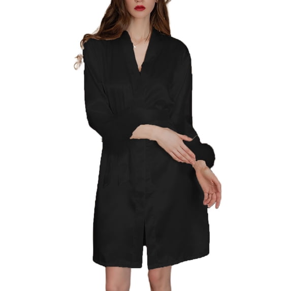 Defitshape Women's Soft Satin Robe Short Lightweight Summer Luxury Faux Fur Trim Bridal Robes Silk Bathrobe Knee Length Bridesmaid Pjs Black Large