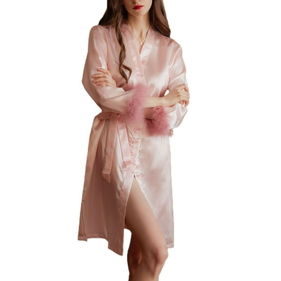 Defitshape Women's Soft Satin Robe Short Lightweight Summer Luxury Faux Fur Trim Bridal Robes Silk Bathrobe Knee Length Bridesmaid Pjs Bride Pink X-Small