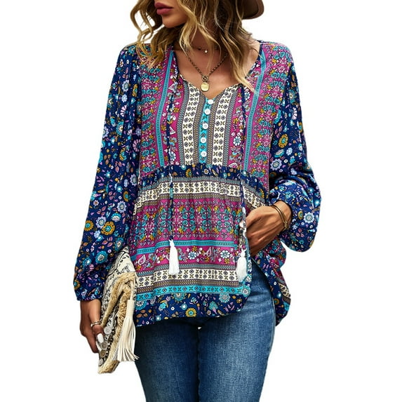 Defitshape Women's Soft Shirt Boho Top Fall Slim Fit Holiday Bishop Sleeve Vintage Peasant Lightweight Beach Navy Large