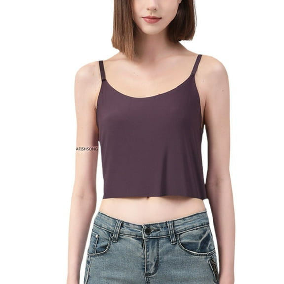 Defitshape Women's Soft Short Cami Shirt Summer Scoop Neck Tank Top Spaghetti Strap Crop Camisole Backless Undergarment violet Small