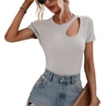thumbnail image 1 of Defitshape Women's Soft Short Sleeve T Shirt Solid Cut Out Fitted Top Summer Casual Fashion Stretch Summer Ribbed Knit Cool T Shirt Grey Medium, 1 of 4