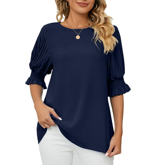 Defitshape Women's Soft T Shirt Summer Top Button Ruffle Cool Lightweight Loose Holiday Boat Neck Bishop Sleeve Shirt Navy X-Large
