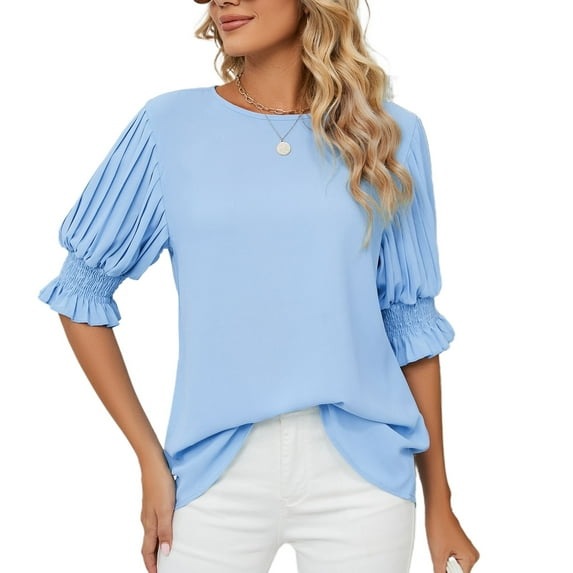 Defitshape Women's Soft T Shirt Summer Top Button Ruffle Cool Lightweight Loose Holiday Boat Neck Bishop Sleeve Shirt Sky Blue Medium