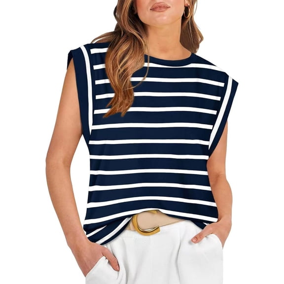 Defitshape Women's Soft Tank Top Casual Blouse Summer Sleeveless Shirt Crew Neck Spring Short Sleeve Fall Cap Sleeve Blouse Navy Striped Large