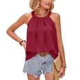 thumbnail image 1 of Defitshape Women's Soft Tank Tops High Neck Sleeveless Chiffon Travel Summer Crew Neck Fashion Casual Pleated Tunics Burgundy X-Large, 1 of 4